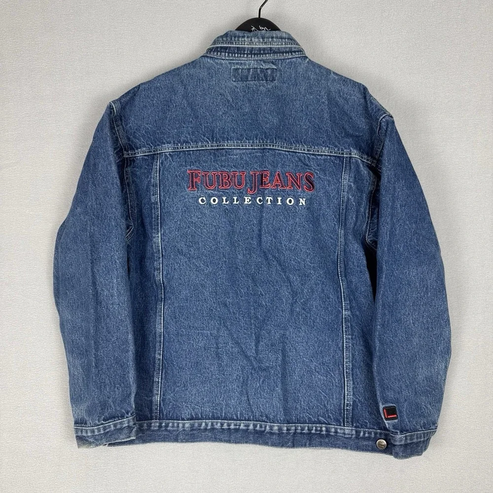 Vintage Fubu Collection Denim Blue Jean Trucker Jacket Pocket Button Mens XL Y2K